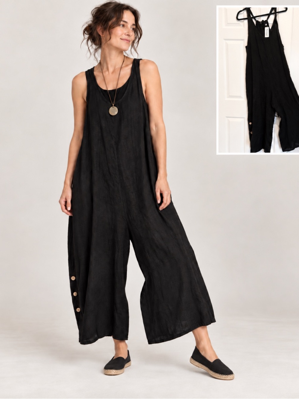 Puro Lino 100% Linen Black Wide Leg Lagenlook Jumpsuit Made in Italy